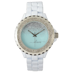Aqua Blue Blauwgroen Silver Glitter Monogram Horloge