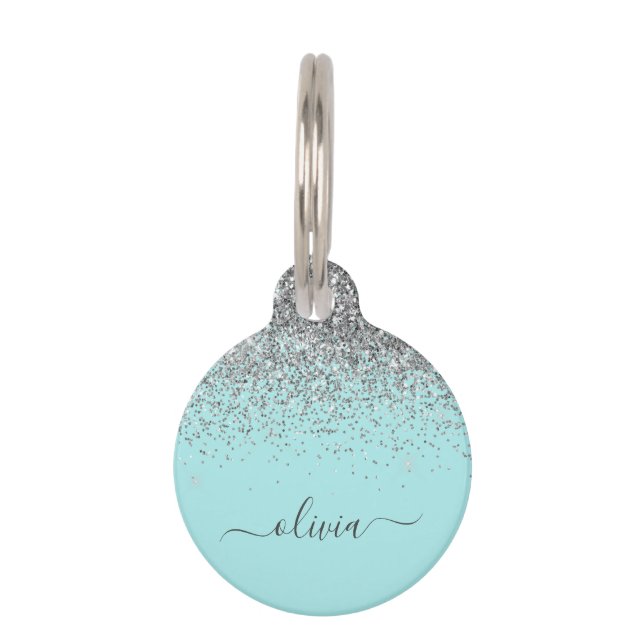 Aqua Blue Blauwgroen Silver Glitter Monogram Huisdierpenning (Voorkant)