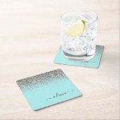 Aqua Blue Blauwgroen Silver Glitter Monogram Kartonnen Onderzetters (Insitu)