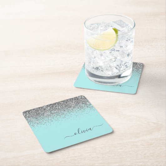 Aqua Blue Blauwgroen Silver Glitter Monogram Kartonnen Onderzetters (Insitu)