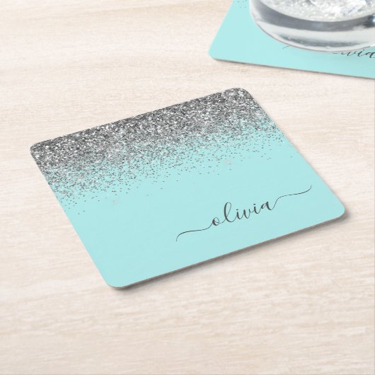 Aqua Blue Blauwgroen Silver Glitter Monogram Kartonnen Onderzetters (Schuin)