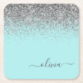 Aqua Blue Blauwgroen Silver Glitter Monogram Kartonnen Onderzetters (Voorkant)