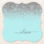 Aqua Blue Blauwgroen Silver Glitter Monogram Kartonnen Onderzetters<br><div class="desc">Aqua Blue - Blauwgroen en Zilver Sparkle Glitter Script Monogram Name Paper Onderzetters. Dit maakt het perfecte afstuderen,  de verjaardag,  de bruiloft,  het vrijgezellenfeest,  de verjaardag,  het baby shower of het bachelorette feest cadeau voor iemand die van glam luxe en chic stijlen houdt.</div>