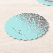 Aqua Blue Blauwgroen Silver Glitter Monogram Kartonnen Onderzetters (Gekanteld)