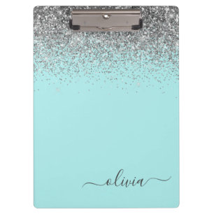 Aqua Blue Blauwgroen Silver Glitter Monogram Klembord