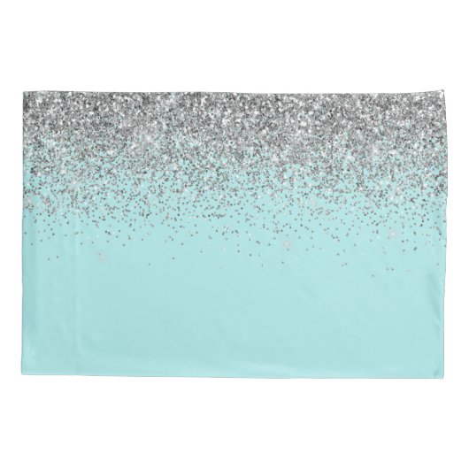 Aqua Blue Blauwgroen Silver Glitter Monogram Kussensloop (Achterkant)