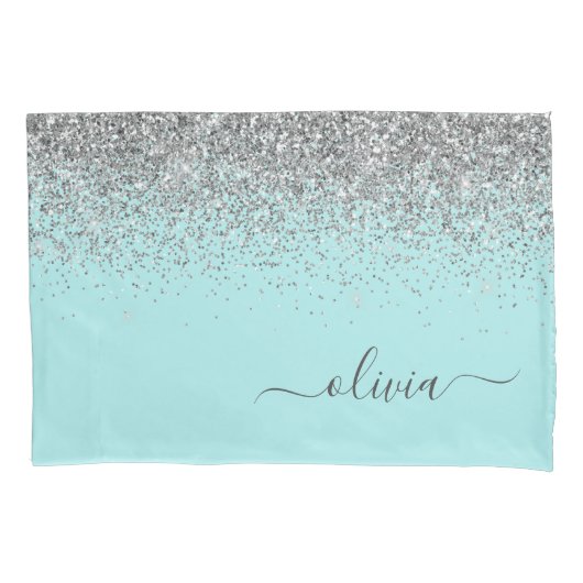 Aqua Blue Blauwgroen Silver Glitter Monogram Kussensloop (Voorkant)