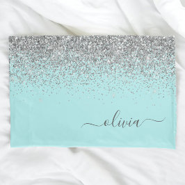Aqua Blue Blauwgroen Silver Glitter Monogram Kussensloop