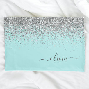 Aqua Blue Blauwgroen Silver Glitter Monogram Kussensloop