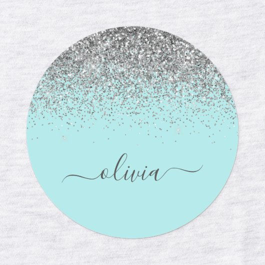 Aqua Blue Blauwgroen Silver Glitter Monogram Labels (Design 1)