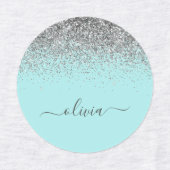 Aqua Blue Blauwgroen Silver Glitter Monogram Labels (Design 2)