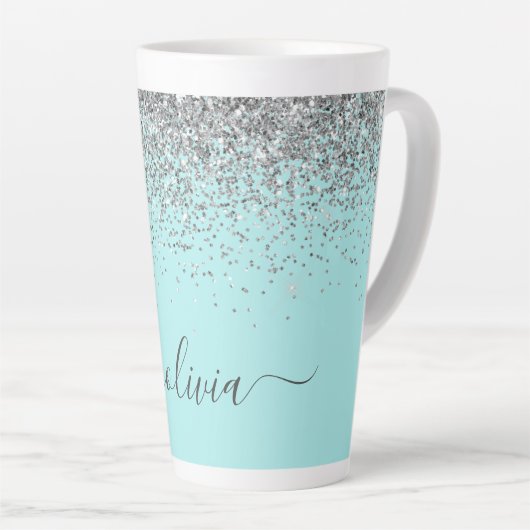 Aqua Blue Blauwgroen Silver Glitter Monogram Latte Mok (Rechterhoek)