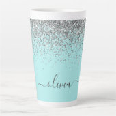 Aqua Blue Blauwgroen Silver Glitter Monogram Latte Mok (Voorkant)