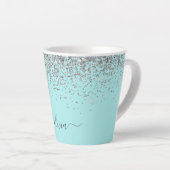 Aqua Blue Blauwgroen Silver Glitter Monogram Latte Mok (Rechterhoek)