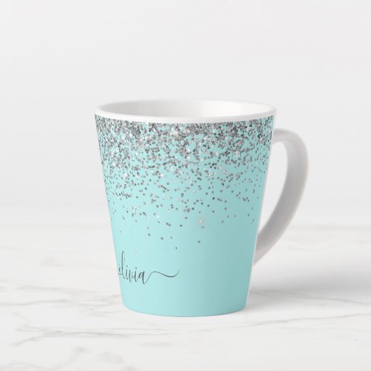 Aqua Blue Blauwgroen Silver Glitter Monogram Latte Mok (Rechterhoek)