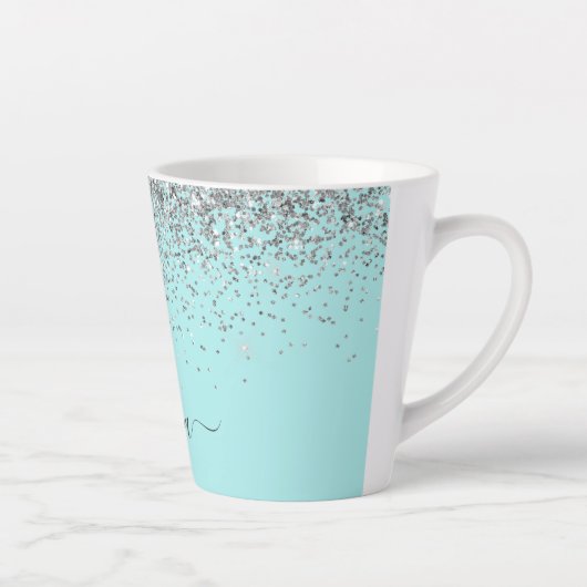 Aqua Blue Blauwgroen Silver Glitter Monogram Latte Mok (Rechts)