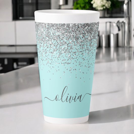 Aqua Blue Blauwgroen Silver Glitter Monogram Latte Mok
