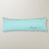 Aqua Blue - Blauwgroen Silver Glitter Monogram Lichaamskussen (Voorkant)