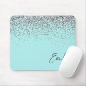 Aqua Blue Blauwgroen Silver Glitter Monogram Muismat (Met muis)