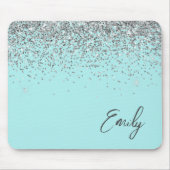 Aqua Blue Blauwgroen Silver Glitter Monogram Muismat (Voorkant)