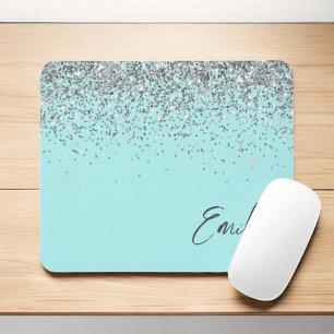 Aqua Blue Blauwgroen Silver Glitter Monogram Muismat