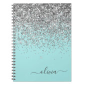 Aqua Blue Blauwgroen Silver Glitter Monogram Notitieboek (Voorkant)