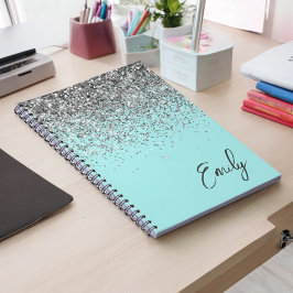 Aqua Blue Blauwgroen Silver Glitter Monogram Notitieboek