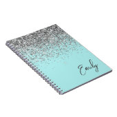 Aqua Blue Blauwgroen Silver Glitter Monogram Notitieboek (Rechterzijde)