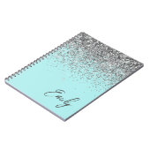 Aqua Blue Blauwgroen Silver Glitter Monogram Notitieboek (Linkerzijde)