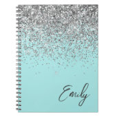 Aqua Blue Blauwgroen Silver Glitter Monogram Notitieboek (Voorkant)