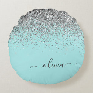 Aqua Blue Blauwgroen Silver Glitter Monogram Rond Kussen
