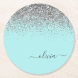 Aqua Blue Blauwgroen Silver Glitter Monogram Ronde Kartonnen Onderzetter<br><div class="desc">Aqua Blue - Blauwgroen en Zilver Sparkle Glitter Script Monogram Name Paper Onderzetters. Dit maakt het perfecte afstuderen,  de verjaardag,  de bruiloft,  het vrijgezellenfeest,  de verjaardag,  het baby shower of het bachelorette feest cadeau voor iemand die van glam luxe en chic stijlen houdt.</div>