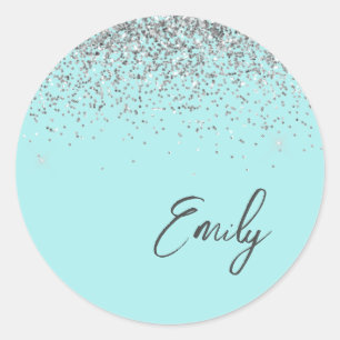 Aqua Blue Blauwgroen Silver Glitter Monogram Ronde Sticker
