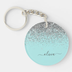 Aqua Blue Blauwgroen Silver Glitter Monogram Sleutelhanger