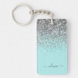 Aqua Blue Blauwgroen Silver Glitter Monogram Sleutelhanger