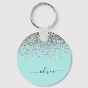 Aqua Blue Blauwgroen Silver Glitter Monogram Sleutelhanger
