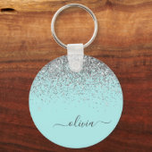 Aqua Blue Blauwgroen Silver Glitter Monogram Sleutelhanger (Voorkant)