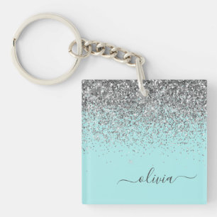 Aqua Blue Blauwgroen Silver Glitter Monogram Sleutelhanger