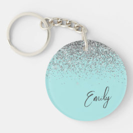 Aqua Blue Blauwgroen Silver Glitter Monogram Sleutelhanger