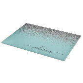 Aqua Blue Blauwgroen Silver Glitter Monogram Snijplank (Hoek)