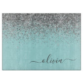 Aqua Blue Blauwgroen Silver Glitter Monogram Snijplank (Voorkant)