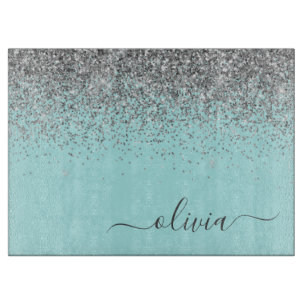Aqua Blue Blauwgroen Silver Glitter Monogram Snijplank