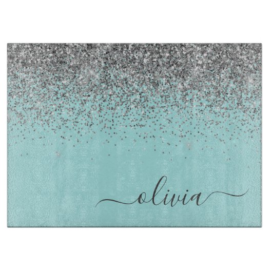Aqua Blue Blauwgroen Silver Glitter Monogram Snijplank (Voorkant)