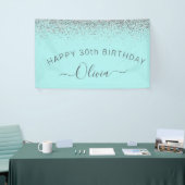 Aqua Blue Blauwgroen Silver Glitter Monogram Spandoek (Beurs)