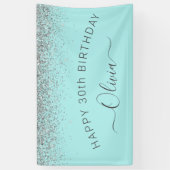 Aqua Blue Blauwgroen Silver Glitter Monogram Spandoek (Verticaal)