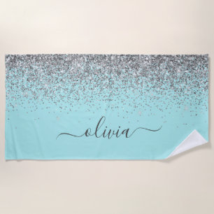 Aqua Blue Blauwgroen Silver Glitter Monogram Strandlaken