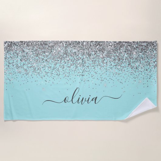 Aqua Blue Blauwgroen Silver Glitter Monogram Strandlaken (Voorkant)