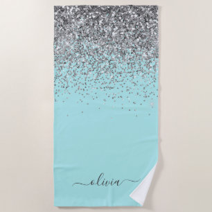 Aqua Blue Blauwgroen Silver Glitter Monogram Strandlaken