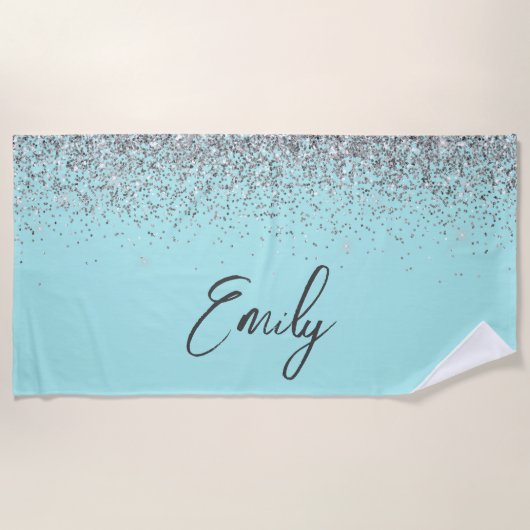 Aqua Blue Blauwgroen Silver Glitter Monogram Strandlaken (Voorkant)