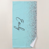 Aqua Blue Blauwgroen Silver Glitter Monogram Strandlaken (Voorkant)